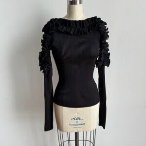 7 FOR ALL MANKIND Black Ribbed Ruffle Top